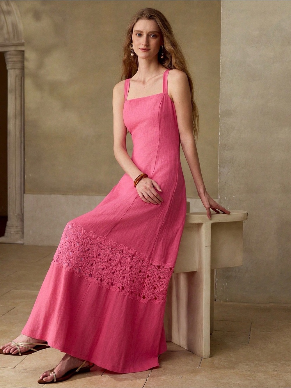 MOTF 100% Ramie Pink 💗 Maxi Dress Lace Cutwork Square Neck Lined Summer Dress M